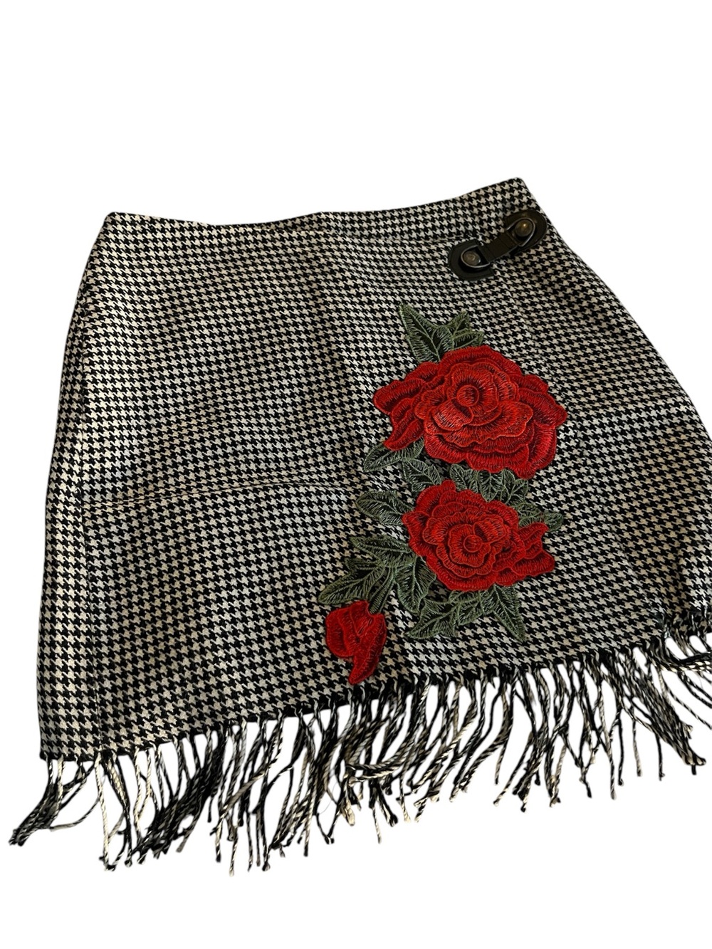 Houndstooth Mini Skirt with Red Rose Embroidery